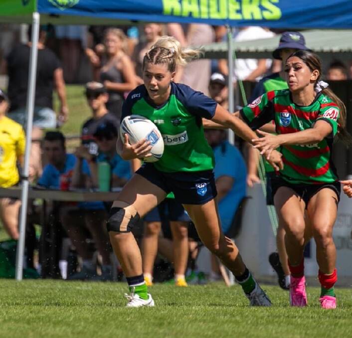 Jade Harding playing for the Canberra Raiders earlier this year in the Tarsha Gale team.