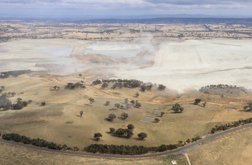 Dust rising off the Cadia tailings dam in May 2022. Picture CCSN