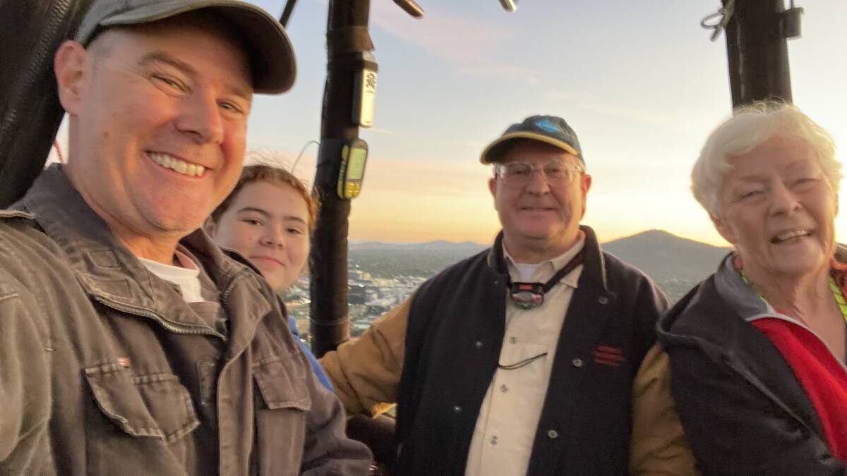 John, Caitlin, Richard and Kay Turnbull in the basket of their hot air balloon. Photo supplied.